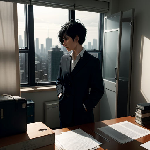 a man in a suit standing in an office looking out the window at the cityscape in the distance