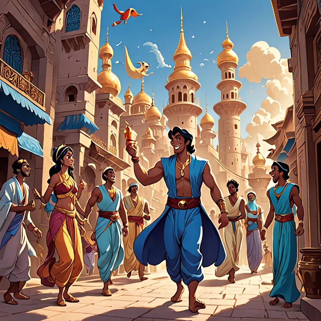 a painting of a man in a blue outfit dancing in a street with other people in front of him, fantasy art, a storybook illustration, Altoon Sultan, rossdraws global illumination