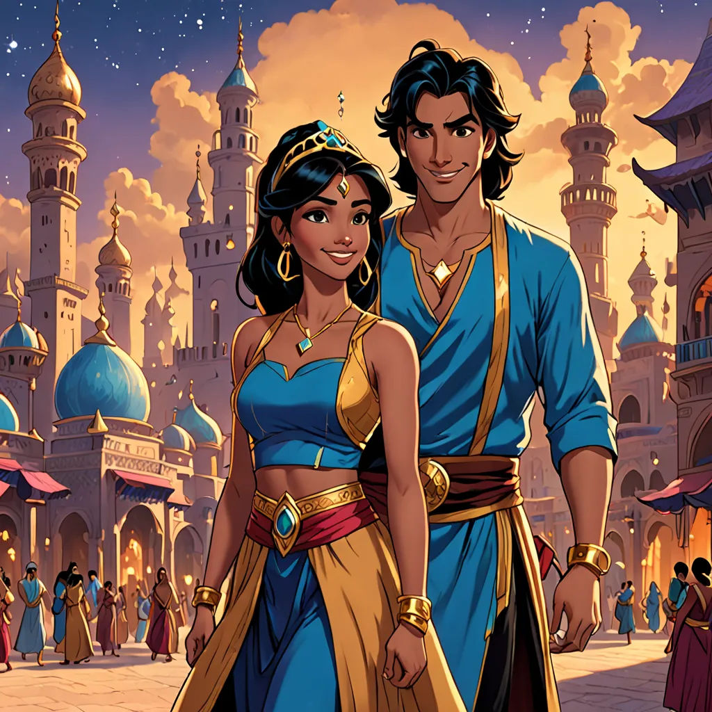 a man and woman in ancient costumes standing in front of a castle with a sky background and stars in the sky, magical realism, a storybook illustration, Altoon Sultan, orientalism