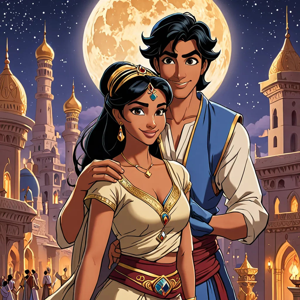 a man and woman in front of a castle with a full moon in the background and a castle in the background, fantasy art, egyptian art, Altoon Sultan, orientalism