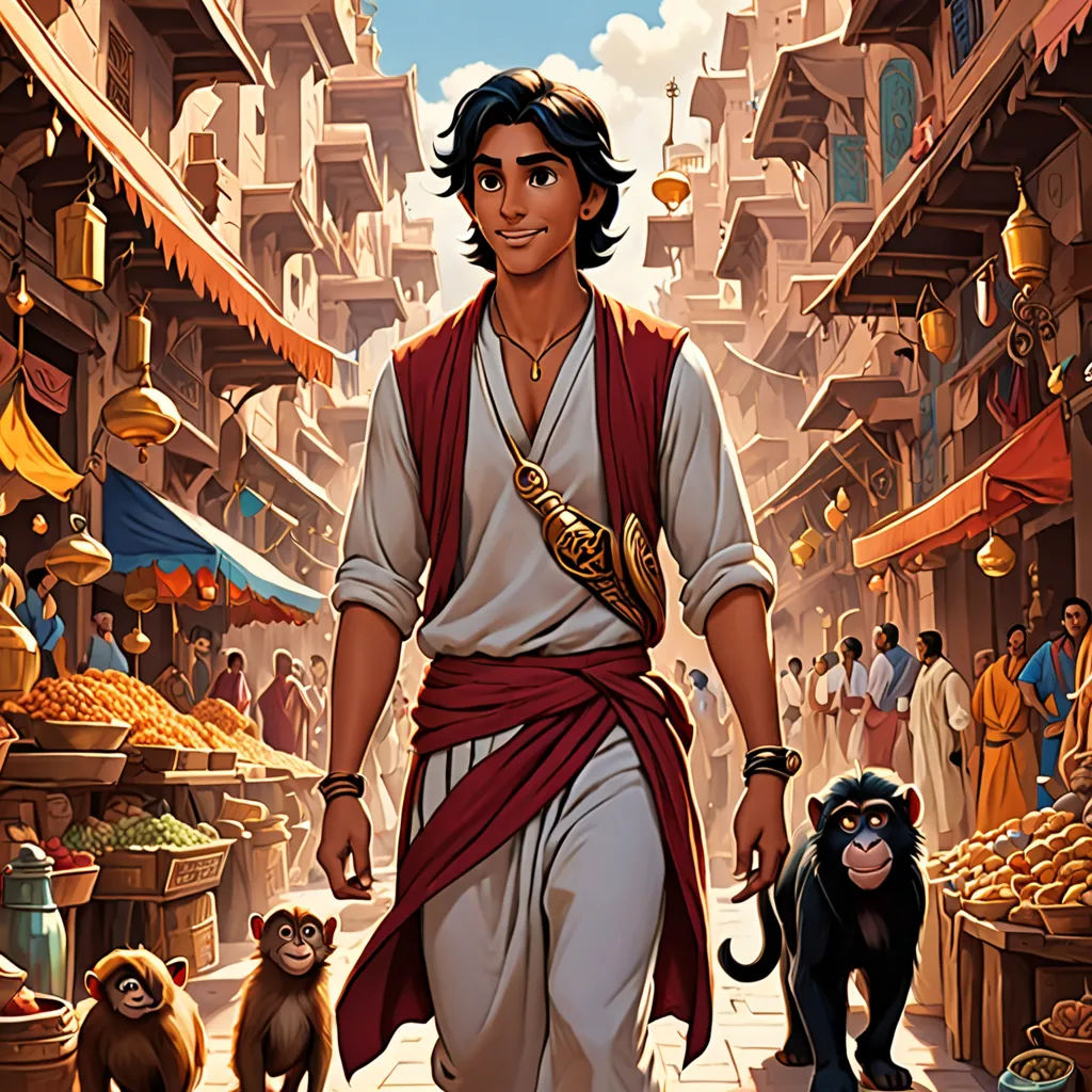 a man in a red vest and a monkey and a monkey on a street with a market in the background, fantasy art, a comic book panel, Altoon Sultan, official art