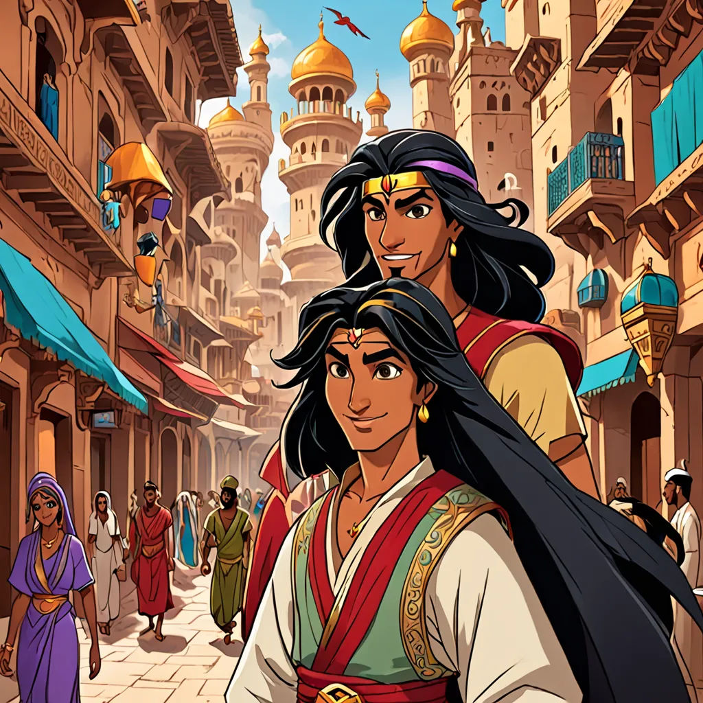 a cartoon of a man and woman walking down a street in a city with a castle in the background, les nabis, concept art, Altoon Sultan, orientalism