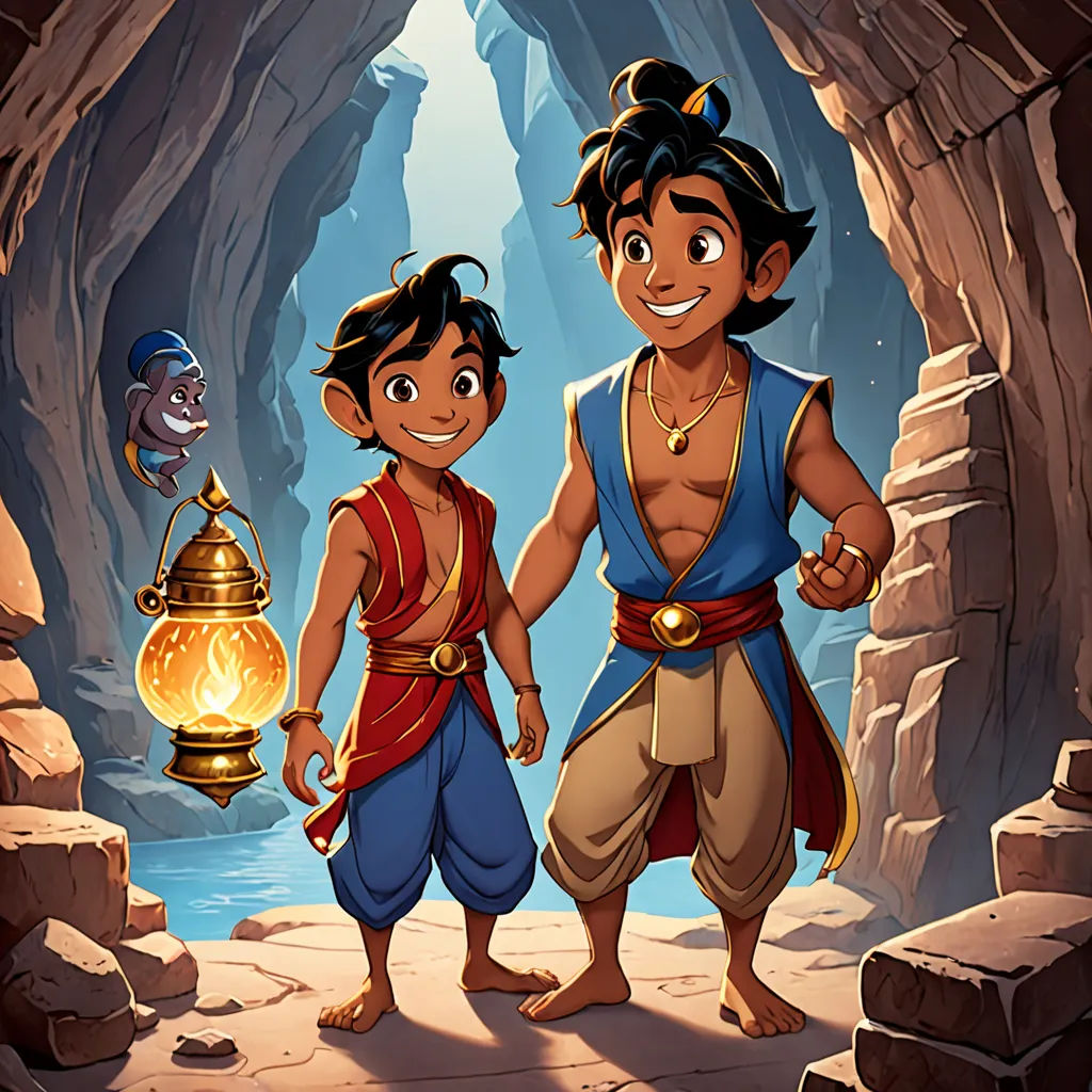 a cartoon of two people standing in a cave holding hands and a lantern in hand, with a fish in the background, samikshavad, a storybook illustration, Altoon Sultan, promotional image