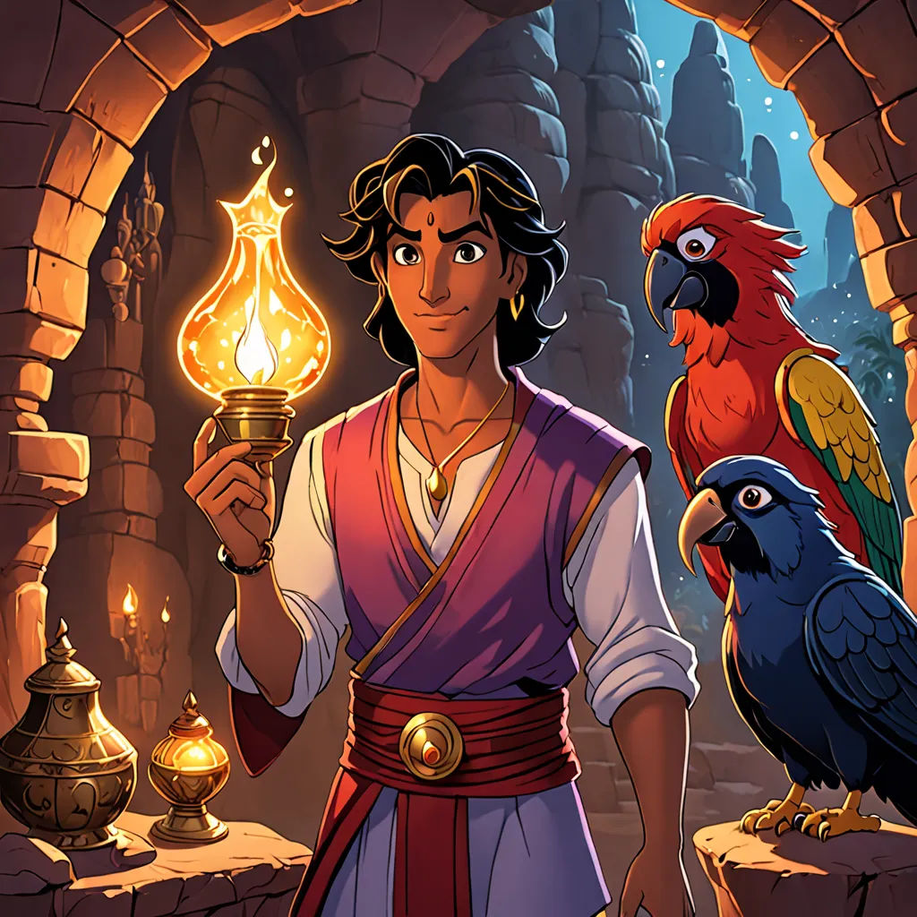 a man holding a lamp next to a parrot on a ledge in a cave with a fire place in it, dau-al-set, a character portrait, Altoon Sultan, official art