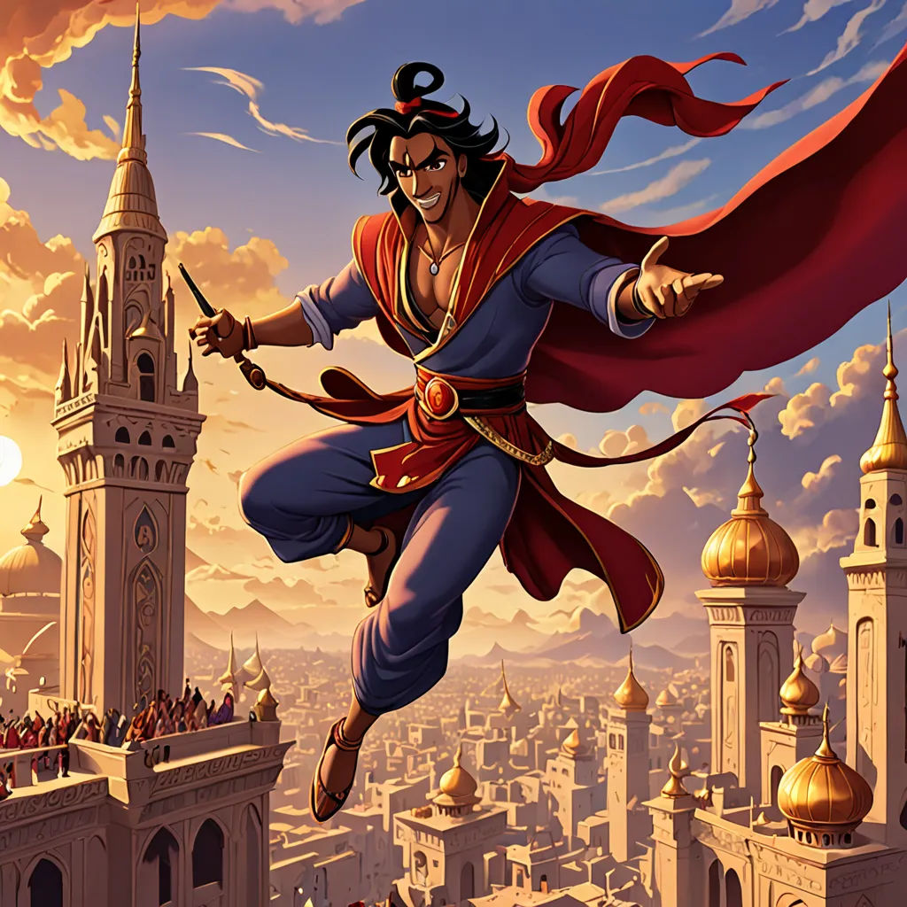 a cartoon of a man flying through the air with a sword in his hand and a city in the background, fantasy art, a detailed matte painting, Altoon Sultan, orientalism