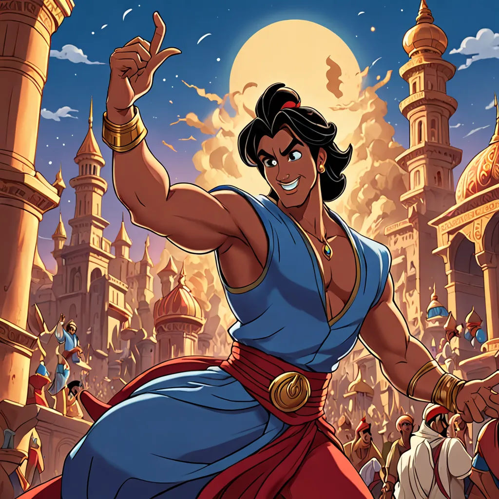 a cartoon of a man in a blue dress with a sword in his hand and a crowd of people in the background, dau-al-set, egyptian art, Altoon Sultan, rossdraws global illumination