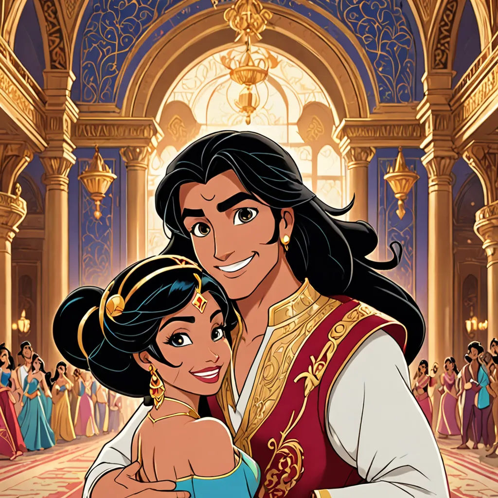 a cartoon of a man and woman hugging in a ballroom with other people in the background and a doorway, dau-al-set, a poster, Altoon Sultan, official art