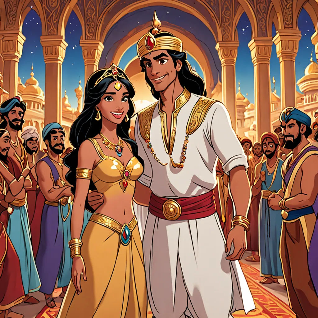 a cartoon of a man and woman in a palace setting with other people around them and a man in a golden outfit, samikshavad, a storybook illustration, Altoon Sultan, orientalism