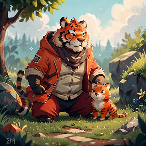 a man kneeling down next to a tiger in a forest with a baby tiger on his lap and a dog on the ground