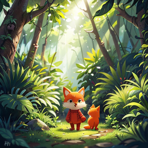 a fox and a fox cub in a forest with sunlight streaming through the trees and foliages on the ground