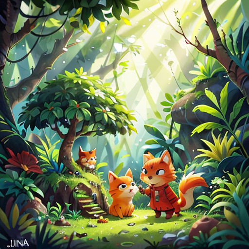 a couple of foxes standing in the middle of a forest with trees and grass on either side of them