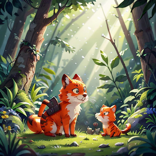 a painting of a fox and her cub in the woods with sunlight streaming through the trees and leaves on the ground