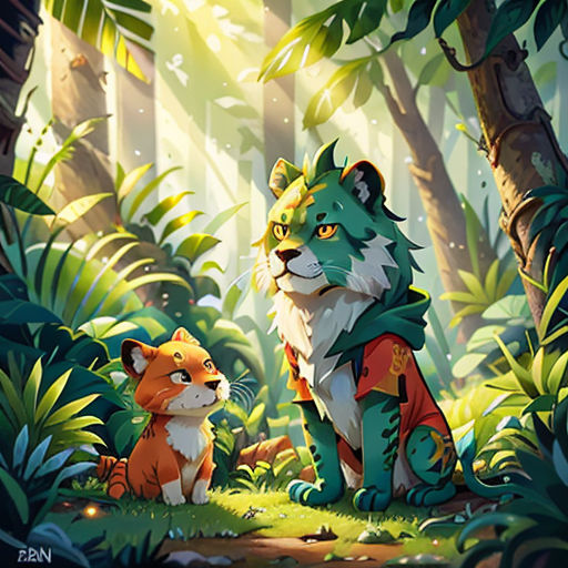 a couple of animals that are in the grass near trees and plants and plants are around them, and the picture is of a forest with a fox and a fox