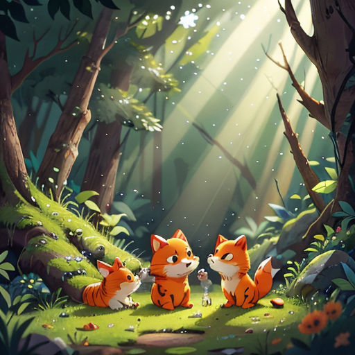a painting of two foxes in a forest with sunlight shining through the trees and grass on the ground, with a path leading to the ground