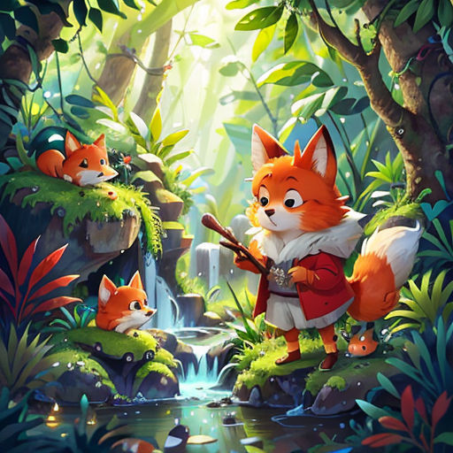 a fox and a fox cub in a forest with a stream and waterfall, and a forest scene with a waterfall and a fox