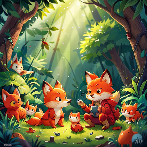 a painting of a fox and her cubs in the forest with a light shining through the trees and leaves