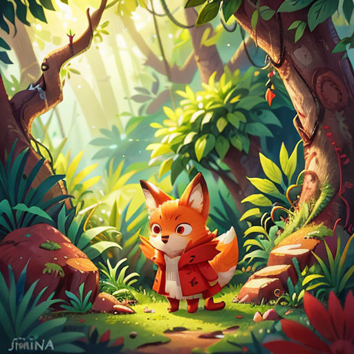 a fox in the forest with a squirrel in the background by a tree and rocks with leaves on it