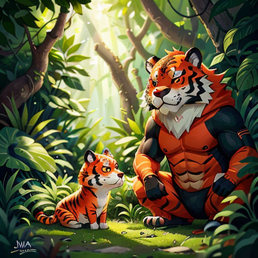 a tiger and a baby tiger sitting in the jungle together, with the sun shining through the trees behind them