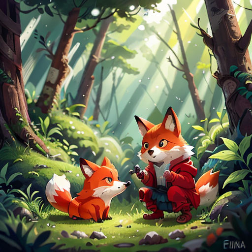 a fox and a fox cub in a forest with trees and grass, one of the cubs is looking at the fox