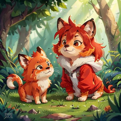 a fox and a fox cub in the woods by a tree with leaves and rocks on it, with a forest background