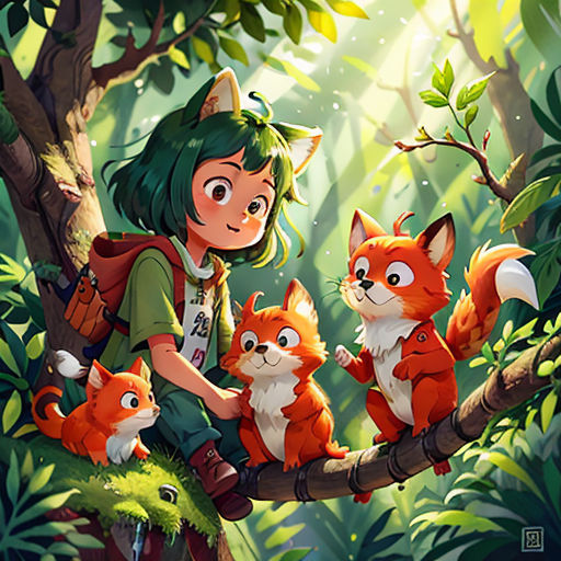 a girl sitting on a tree with her four foxes in the forest, and a forest background with leaves