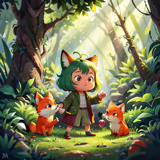 a girl standing in the middle of a forest with two foxes and a fox behind her, with a forest background