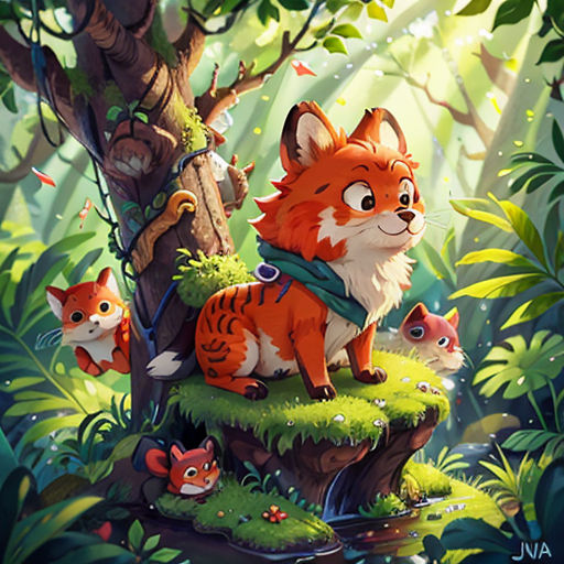 a painting of a fox and her cubs in the forest with a tree and a bird on it's back