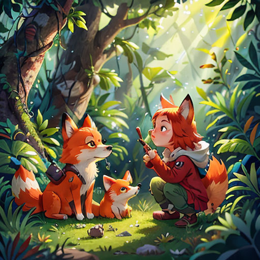 a little boy kneeling down next to a fox in the forest with a bird on his shoulder and another fox looking at him