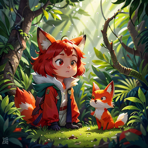 a girl and a fox in the woods with leaves and trees around her, with a bright light coming through the trees