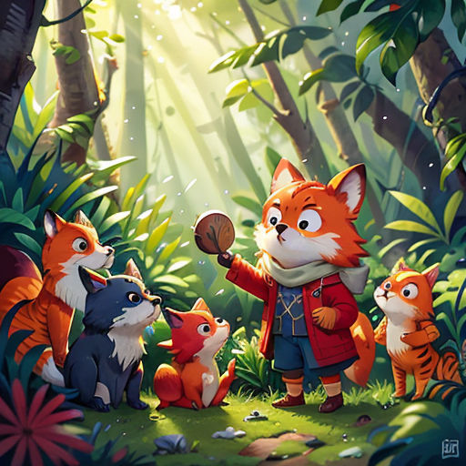 a painting of a fox and her cubs in the woods with a bird on a stick in the foreground