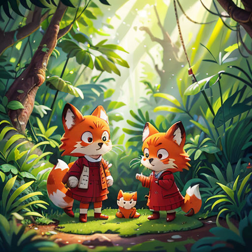 a couple of foxes standing in the middle of a forest with a baby fox in front of them and a baby fox in the background