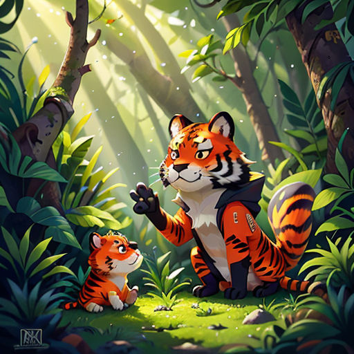 a tiger and a cub in a jungle with a bird on its back and a bird on its arm