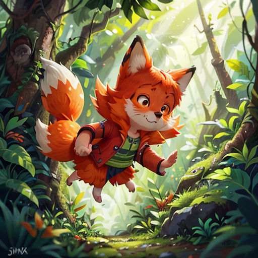 a fox flying through a forest filled with trees and plants, with a person on the ground in the background