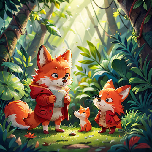 a fox and her cubs in the forest by a tree with leaves and sunlight shining through the trees and leaves