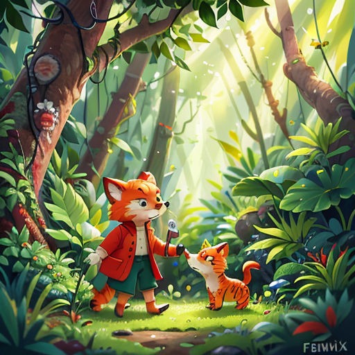 a fox and a cat in a forest with a bird on a leash and a bird on a stick