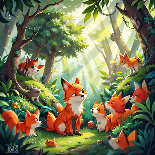 a painting of a forest with many foxes in it's habitat, and a forest with many trees and bushes