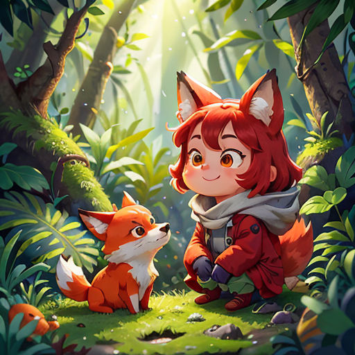 a little girl sitting in the woods with a fox next to her on a sunny day with the sun shining through the trees