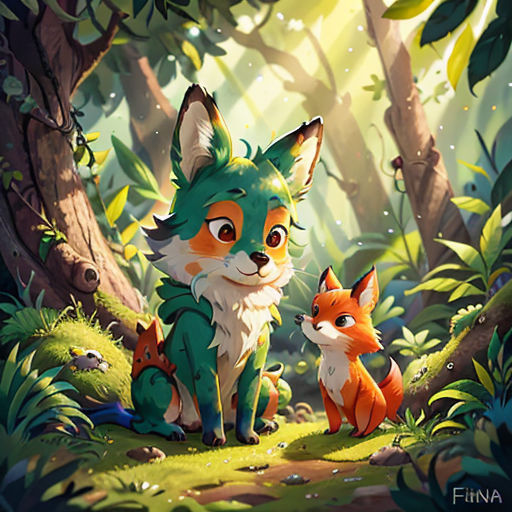 a painting of a fox and her cubs in the woods with sunlight coming through the trees and grass on the ground