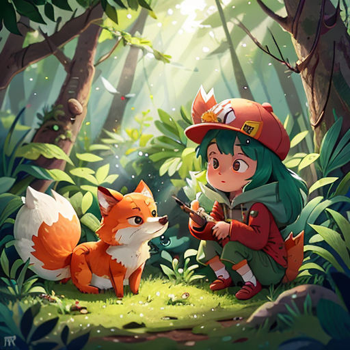 a girl in a red hat and green jacket is standing in the woods with a fox and a bird