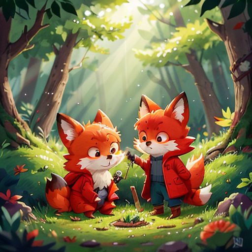 two foxes in the woods with a light shining through the trees behind them, one of them is holding a stick