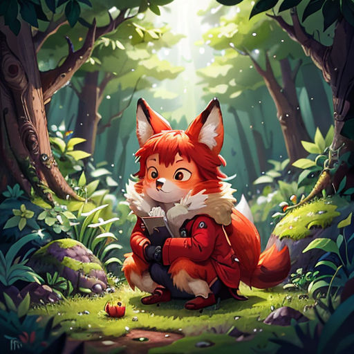a red fox is sitting in the woods with a book in its lap and a forest background is shown