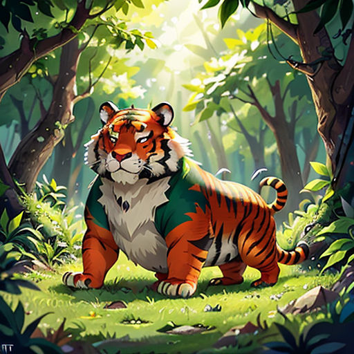 a tiger standing in the middle of a forest with trees and grass on the ground, with the sun shining through the trees