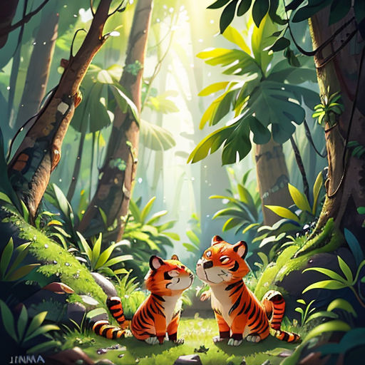 two tigers sitting in the middle of a forest with sunlight coming through the trees and leaves on the ground