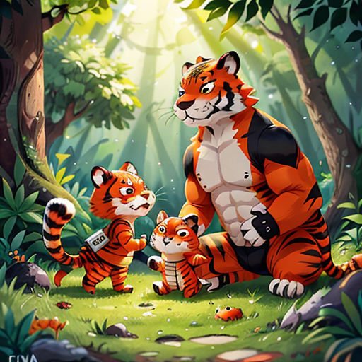 a tiger family in the jungle with a baby tiger in the foreground and a baby tiger in the background