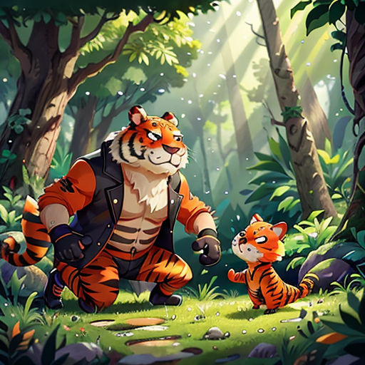 a tiger and a baby tiger in the woods with trees and rocks in the background, with a person holding the baby's hand