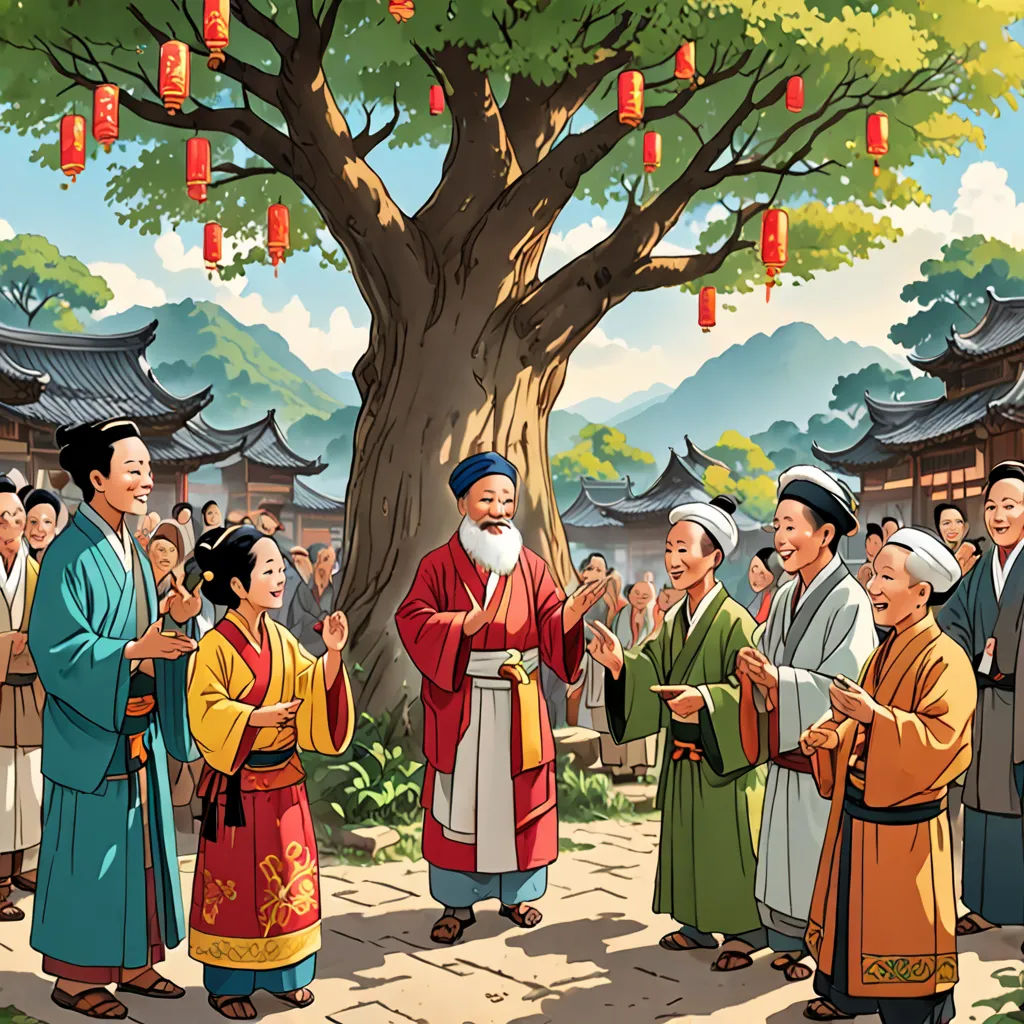 a group of people standing around a tree with a man in a red robe and a woman in a yellow dress, naive art, a storybook illustration, Emperor Huizong of Song, orientalism