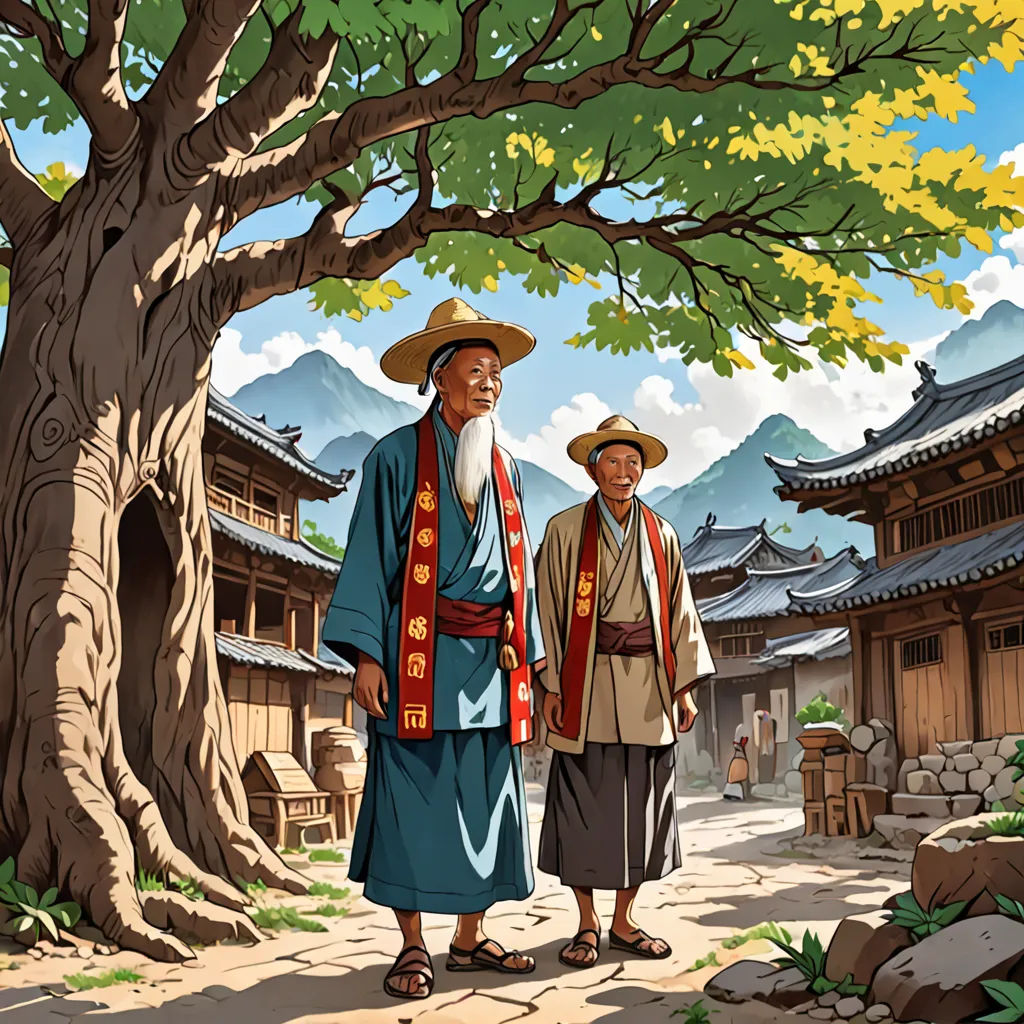 a painting of two people standing under a tree in a village with mountains in the background and a tree in the foreground, cloisonnism, a storybook illustration, Christophe Vacher, storybook illustration