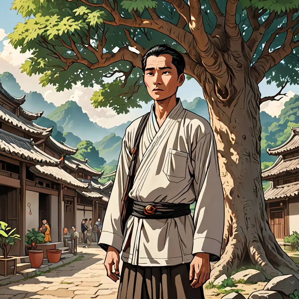 a man in a kimono standing in front of a tree in a courtyard of a building with a tree in the background, ukiyo-e, a comic book panel, Emperor Huizong of Song, official art