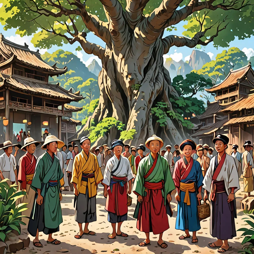 a group of people standing around a tree in a forest with mountains in the background and a large tree in the foreground, cloisonnism, a detailed matte painting, Christophe Vacher, orientalism