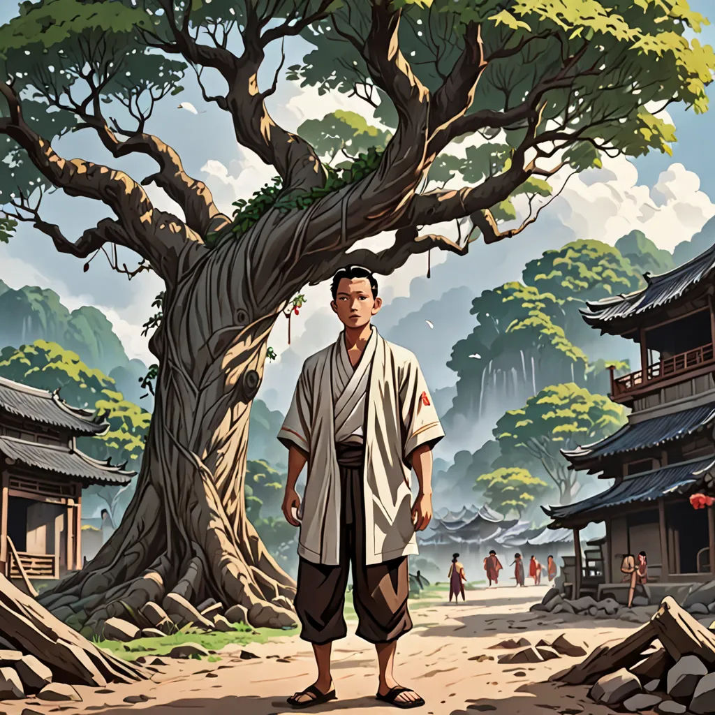 a man standing in front of a tree in a forest with a sky background and a mountain in the background, fantasy art, a detailed matte painting, Dan Mumford, cliff chiang